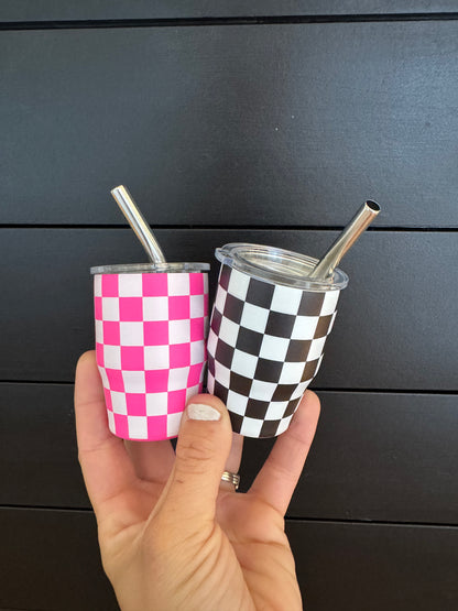 3 oz. Checkered Tumbler Shot Glass with Metal Straw and Lid