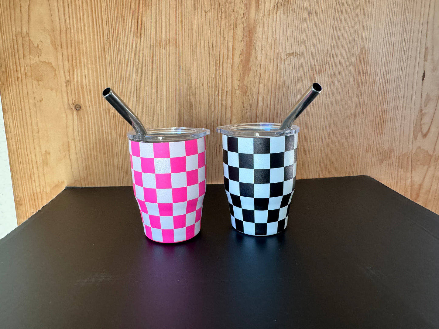 3 oz. Checkered Tumbler Shot Glass with Metal Straw and Lid