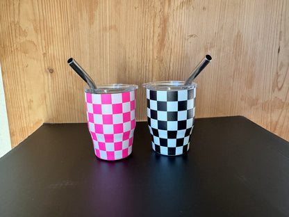 3 oz. Checkered Tumbler Shot Glass with Metal Straw and Lid