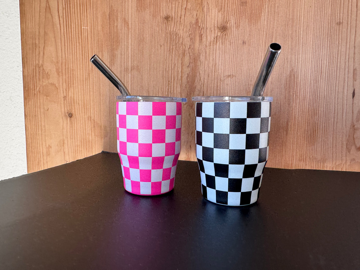 3 oz. Checkered Tumbler Shot Glass with Metal Straw and Lid