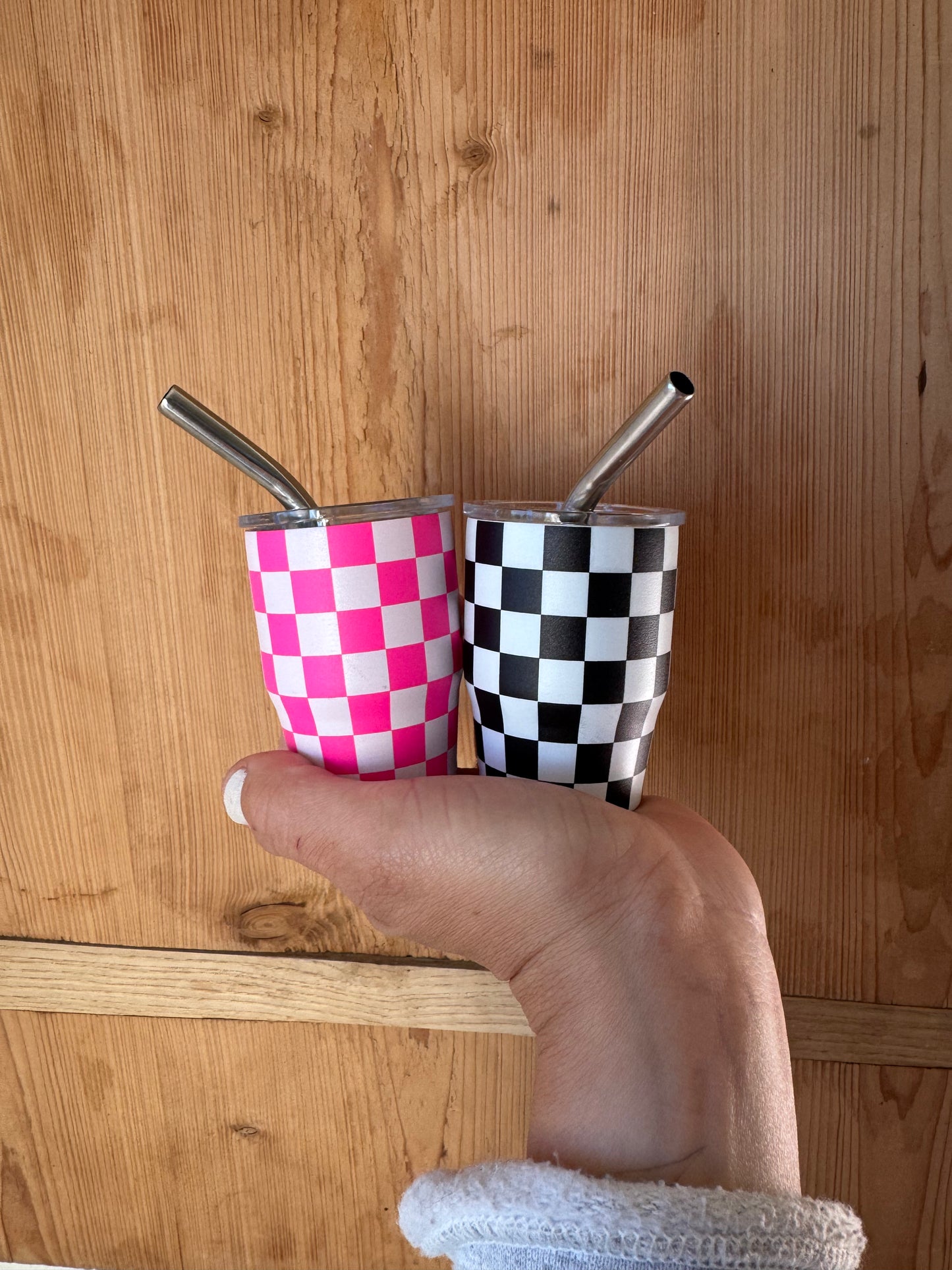 3 oz. Checkered Tumbler Shot Glass with Metal Straw and Lid