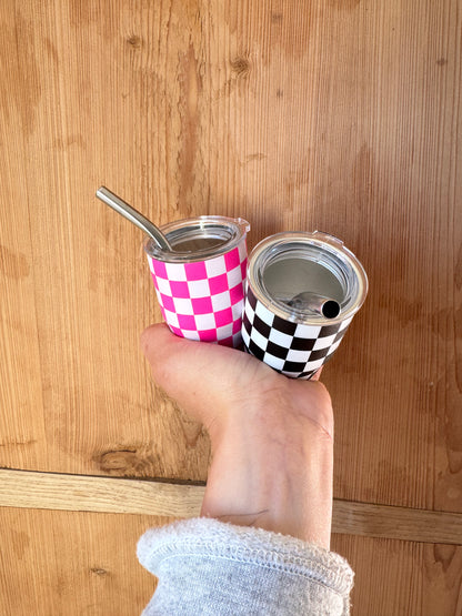 3 oz. Checkered Tumbler Shot Glass with Metal Straw and Lid