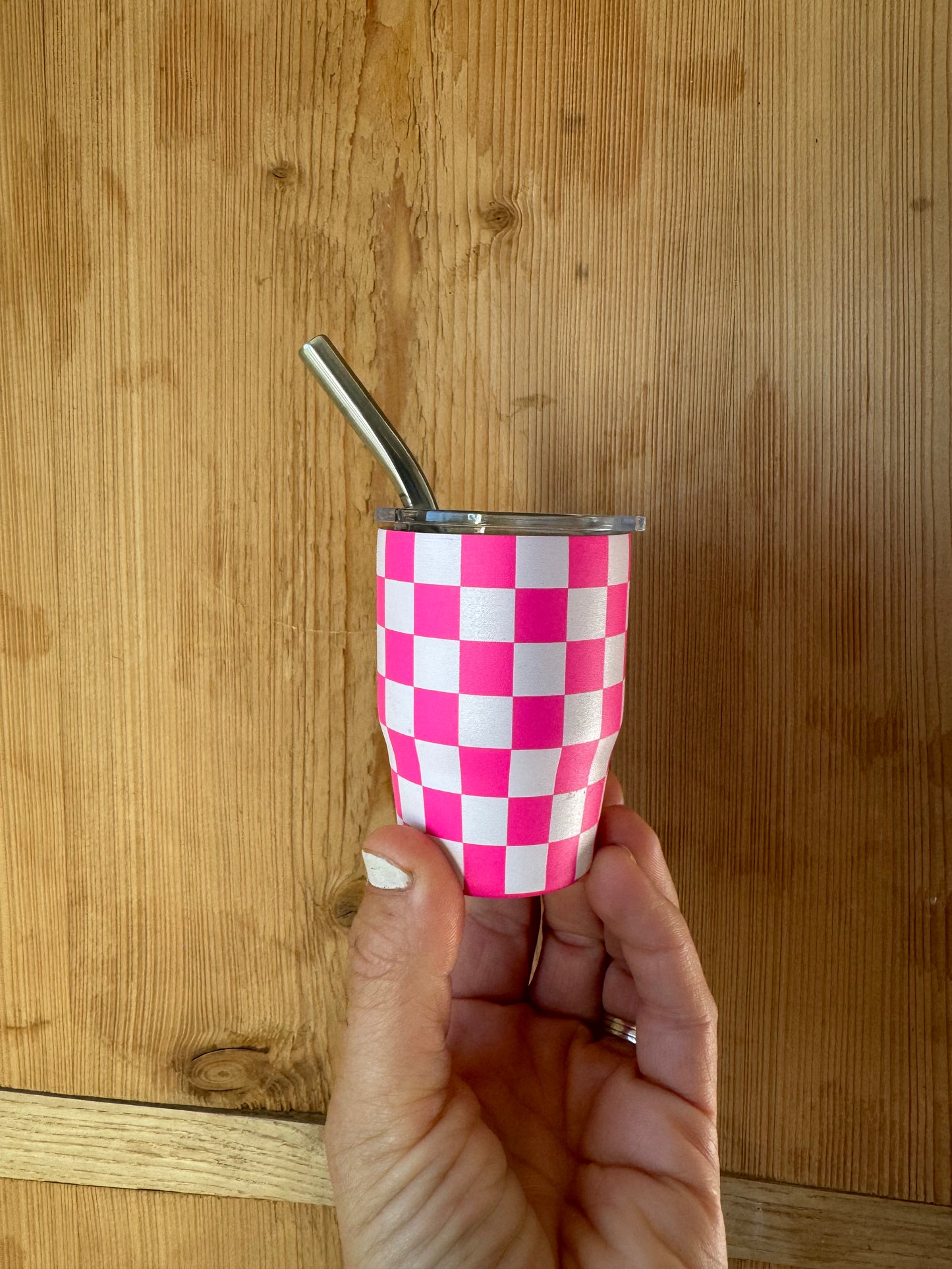 3 oz. Checkered Tumbler Shot Glass with Metal Straw and Lid