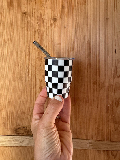 3 oz. Checkered Tumbler Shot Glass with Metal Straw and Lid