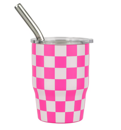3 oz. Checkered Tumbler Shot Glass with Metal Straw and Lid