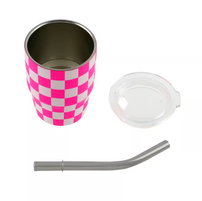 3 oz. Checkered Tumbler Shot Glass with Metal Straw and Lid
