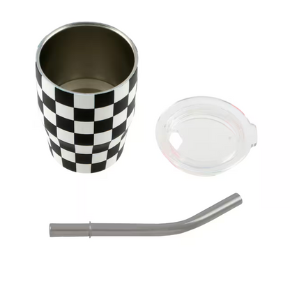 3 oz. Checkered Tumbler Shot Glass with Metal Straw and Lid